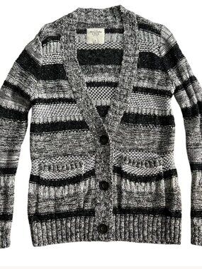 Abercrombie Cardigan Sweater Women Knit Boyfriend Pockets M Striped Black Gray V